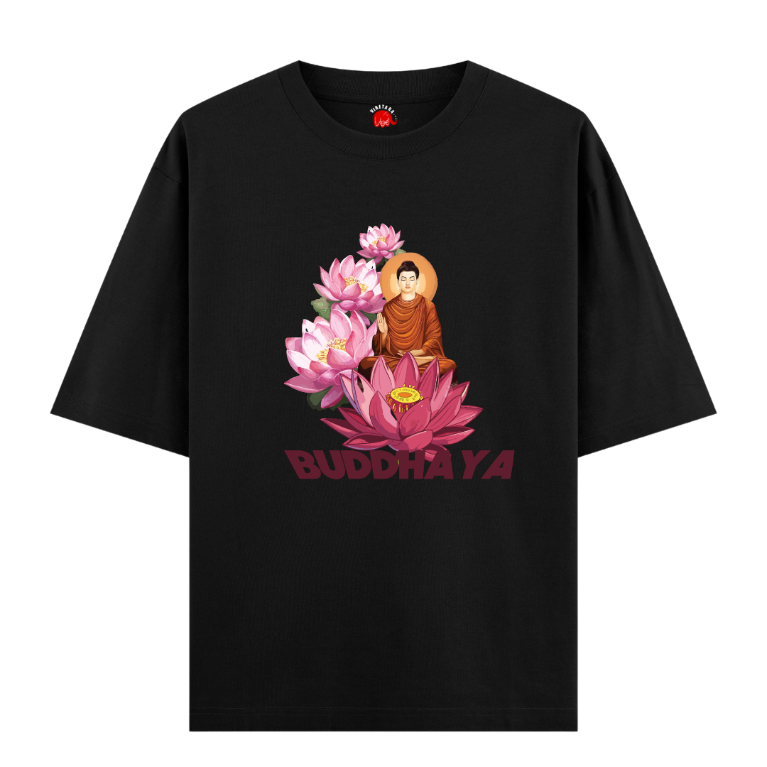 Vibetara - Buddhaya - Pink Lotus Peace Buddhaya T Shirt - Oversized 100% Cotton tees - Half Sleeves - For Men And Women