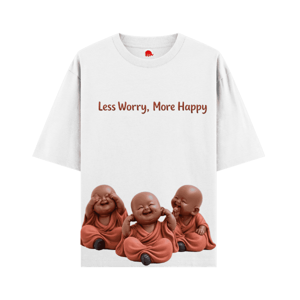 Vibetara-Less Worry More Happy Buddha Graphic Oversized T-Shirt – Cute Positive Vibes Aesthetic Black Tee