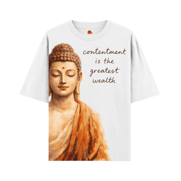 Vibetara- Contentment is the Greatest Wealth Buddha Oversized T-Shirt – Spiritual Quote Artistic Graphic Black Tee