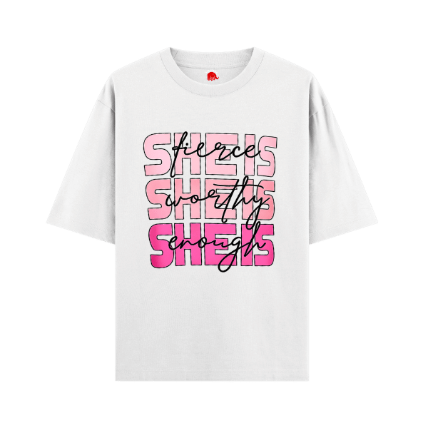 Vibetara-She’s Fierce Graphic T-Shirt for Women | Bold Typography Motivational Tee | Aesthetic Casual Oversized Cotton T-Shirt