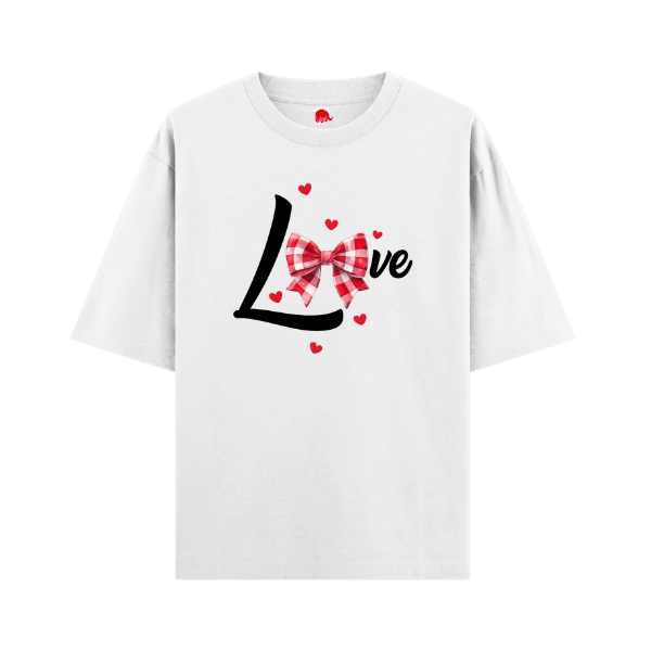Vibetara-Cute Love Bow Graphic T-Shirt for Women | Aesthetic Heart Print Oversized Tee