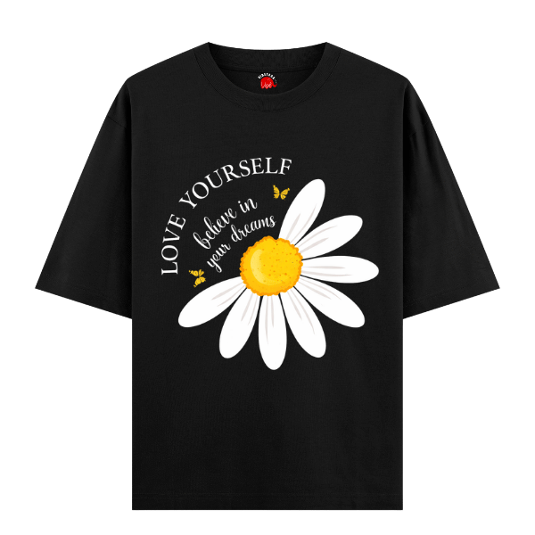 Vibetara-Love Yourself Daisy Graphic T-Shirt for Women | Motivational Floral Print Tee | Soft Cotton Casual Oversized T-Shirt
