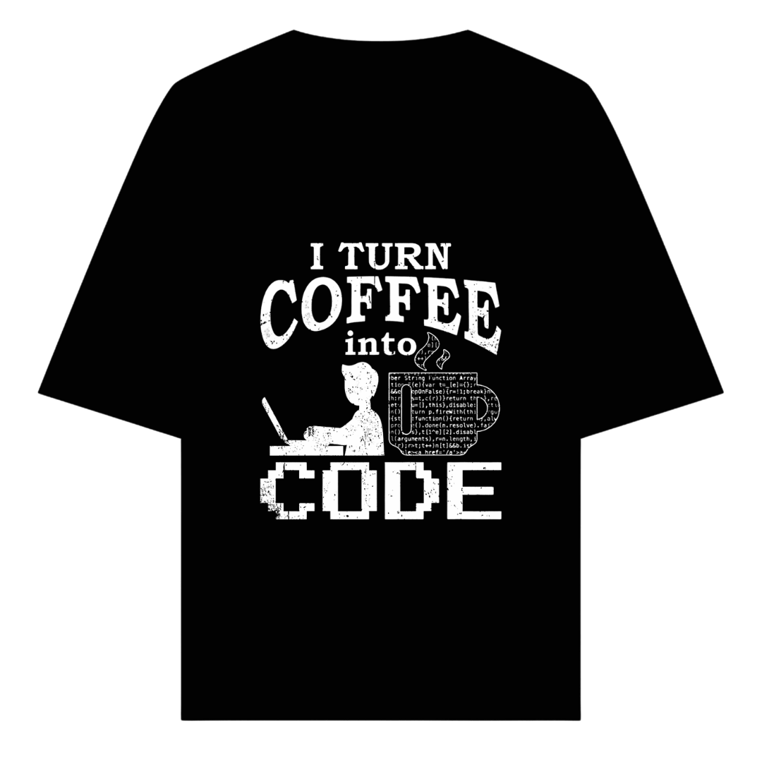 Vibetara-I Turn Coffee Into Code Oversized Black T-Shirt | Programmer Graphic Tee 