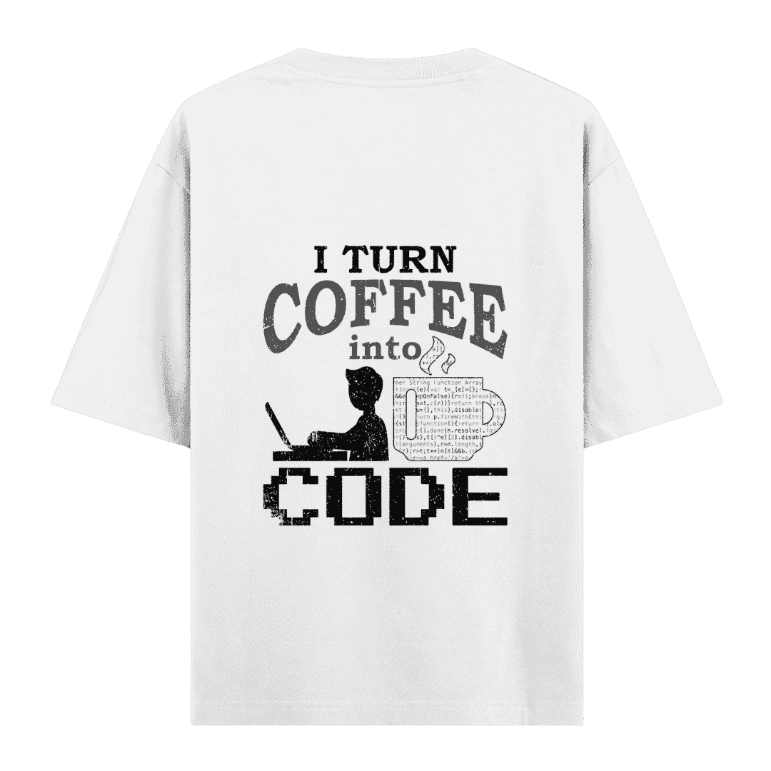 Vibetara-I Turn Coffee Into Code Oversized Black T-Shirt | Programmer Graphic Tee 