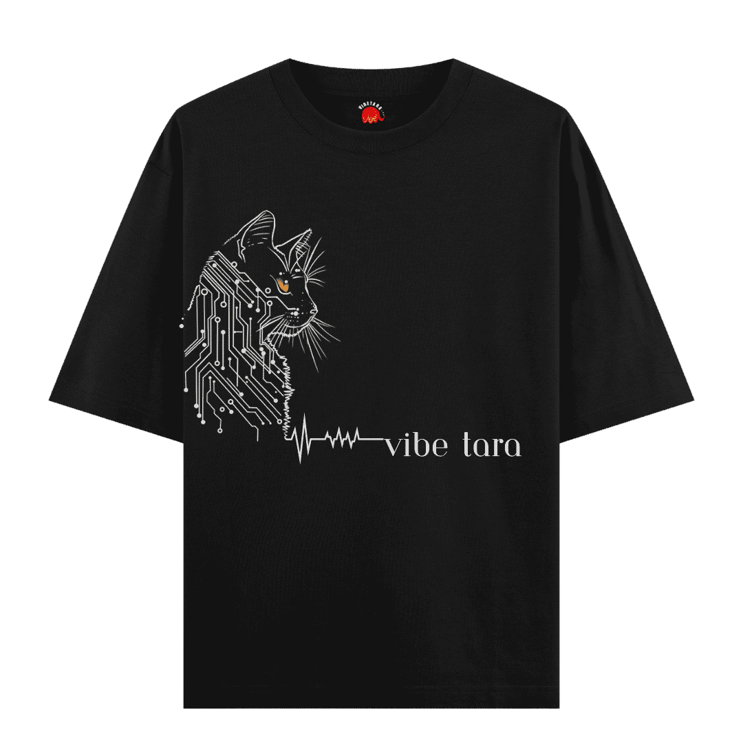 Vibetara-Cyber Cat Programmer Oversized T-Shirt | Tech Cat Coding Graphic Tee