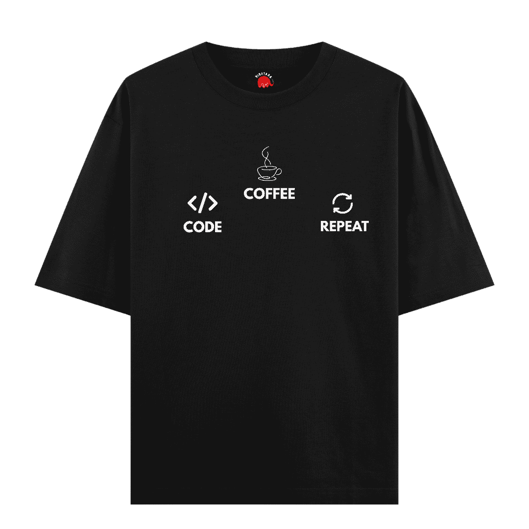 Vibetara-Code Coffee Repeat Oversized T-Shirt for Developers | Minimal Coding Graphic Tee